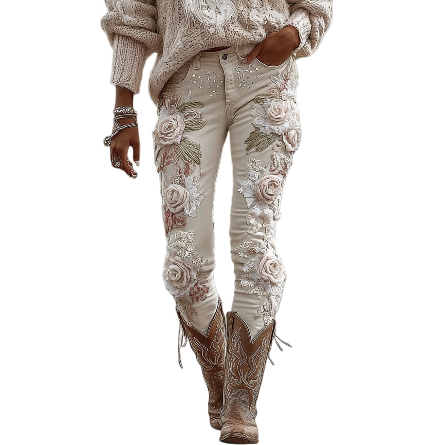 Retro Floral Print Jeans High Waist Slim Imitation Jeans Elegant Casual Trousers